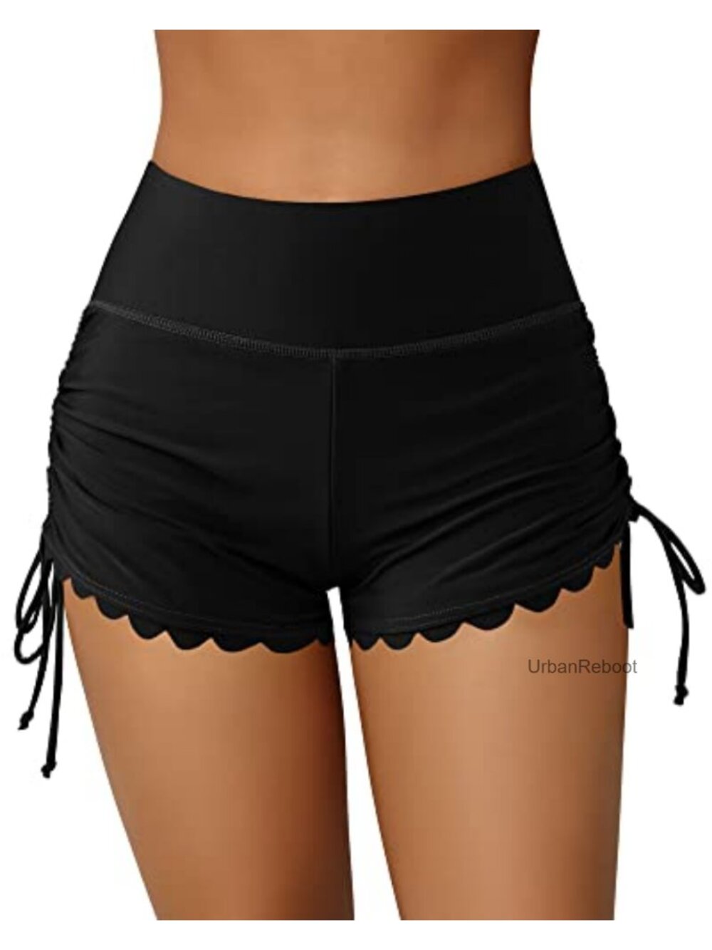 Women High Waisted Scalloped Swim Shorts with Drawstring & Tummy Control